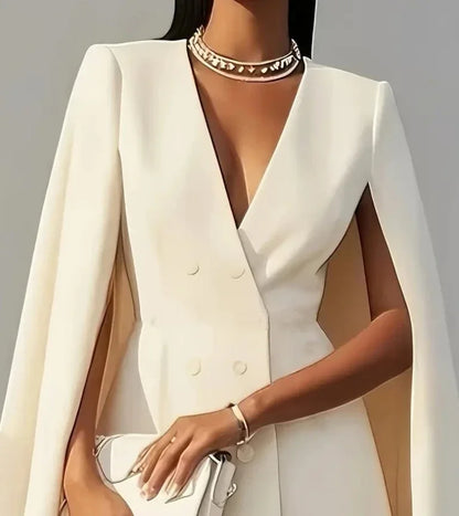 Women Dresses 2025 Spring Autumn New Commuting Double Breasted Shawl Cape Solid Color V-Neck Mini Dress Fashion Women's Clothing - Kimlud