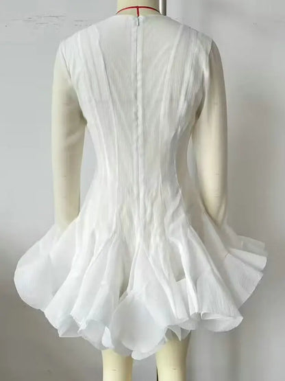 2026 Summer Women's Elegant Multi-Layered Ruffled Hem Mini Dresses Lady Sweet French Style Long Flare Sleeve Slim Fit Puffy Robe - Kimlud