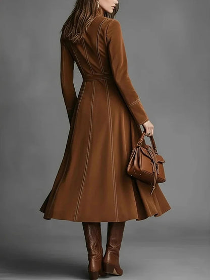 Elegant Suede Vintage Women's Dress Brown Zipper Slim Lace Up A-Line Autumn High Street Chic High Neck Long Sleeve Midi Dresses