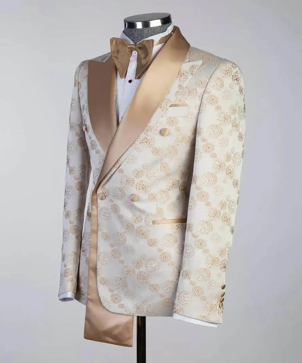 Floral Jacquard Mens Wedding Tuxedos Slim Fit Champagne Peaked Lapel Double Breasted Jacket Pants 2 Pieces