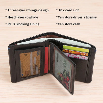 Plant Tanned Top Layer Genuine Cowhide Short Wallet RFID Blocking Large Capacity Card Slot Design ID Card Mirror Window...