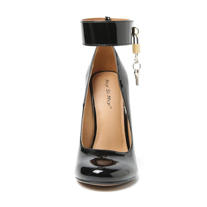 Designer New Women Pumps Belt Buckle Pointed Toe Patent Leather 15CM Thin Heels With Lock Fashion High Heels Women Shoes Black