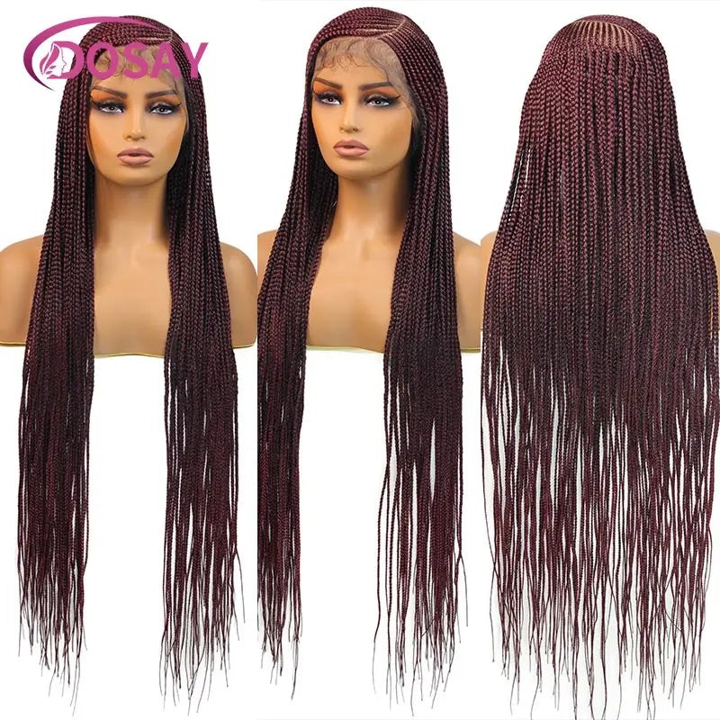 36'' Burgundy Full Lace Braided Wigs Faux Locs for Black Women Synthetic Knotless Cornrow Braid Wig Side Part Wig Box...