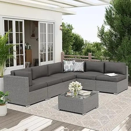 7-Piece Outdoor Patio Furniture Sofa Set Black Rattan Wicker Sectional Conversation Sets with Glass Top Table and Cushions(Red)