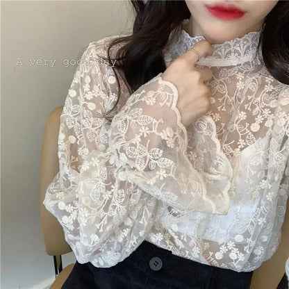 M-3XL Lace Blouses Women Sweet Flare Sleeve Elegant Inside Basic Ladies Designer Aesthetic Classical Temper Chic Korean Fashion