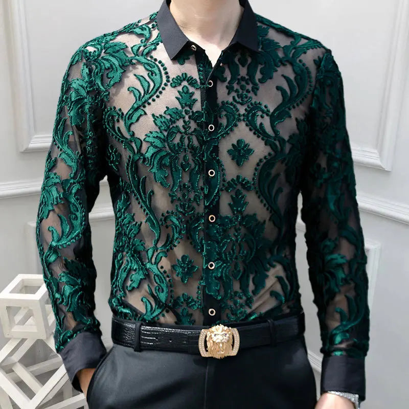 3 Colours Soft Velvet Slim-fit Men Clothing Nightclub long sleeved Sexy Polo See Through High Quality Transparent Floral Polo - Kimlud