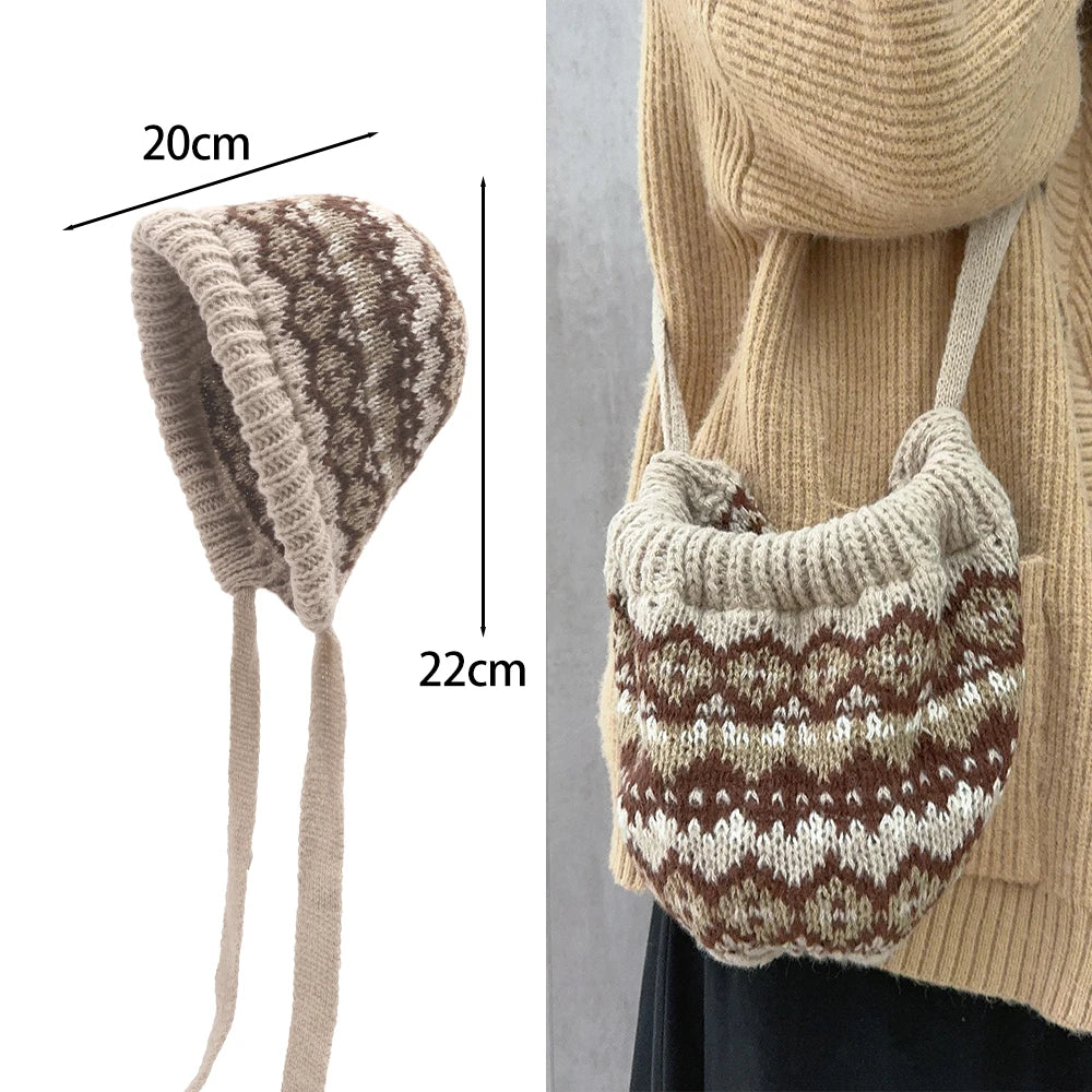 Ethnic Style Striped Spliced Knitted Hat Women Autumn Winter Caps Multifunctional Crossbody Bag Ear Protection Drawstring Hats