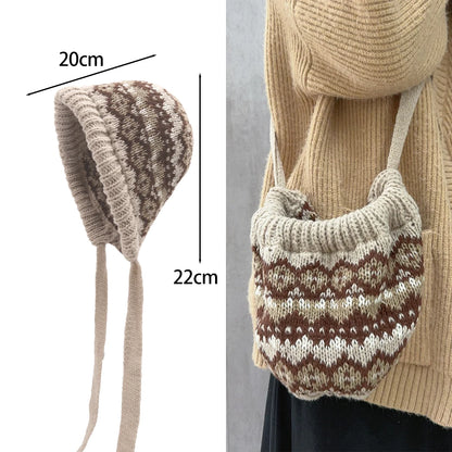 Ethnic Style Striped Spliced Knitted Hat Women Autumn Winter Caps Multifunctional Crossbody Bag Ear Protection Drawstring Hats