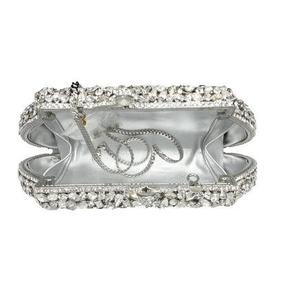 Boutique De FGG (in stock) Flower Crown Clutch Silver Crystal Evening Handbag Women Party Prom Bag Bridal Clutches Wedding Purse - Kimlud