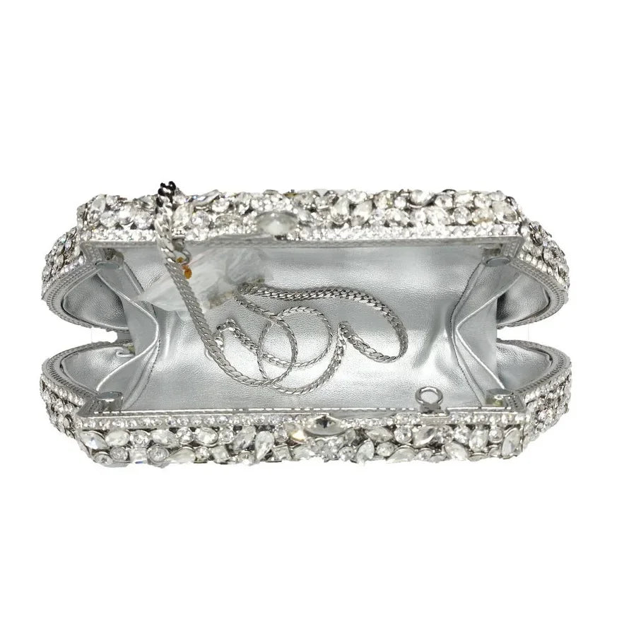 Boutique De FGG (in stock) Flower Crown Clutch Silver Crystal Evening Handbag Women Party Prom Bag Bridal Clutches Wedding Purse - Kimlud