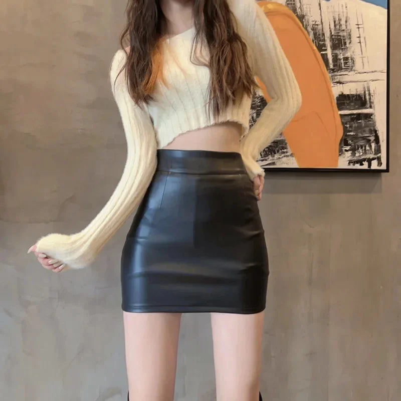 Fall Winter Brown PU Leather Mini Skirt Women's Tight Fit High Waist Biker Style Half Body Skirt Zipper Decoration