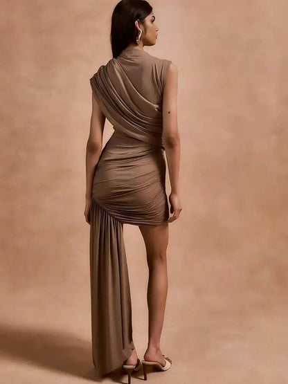 Irregular Round Neck Ruched Ribbon Women Dress Coffee Sleeveless High Waist Mini Dress Summer Slim Party Club Outfits YGZ8
