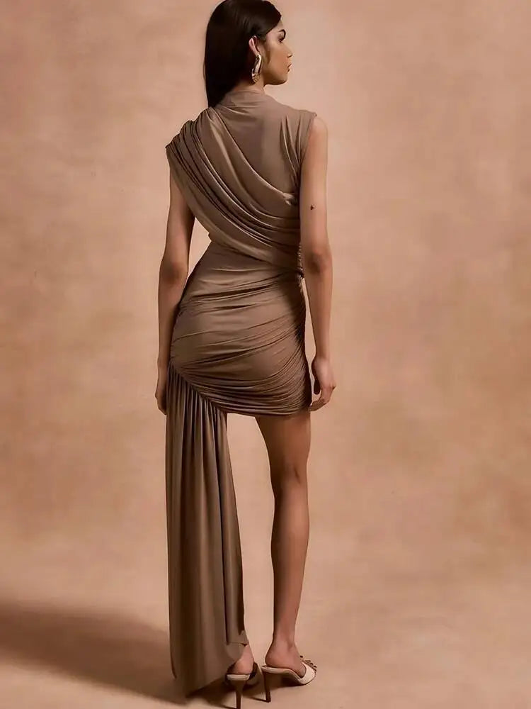 Irregular Round Neck Ruched Ribbon Women Dress Coffee Sleeveless High Waist Mini Dress Summer Slim Party Club Outfits YGZ8