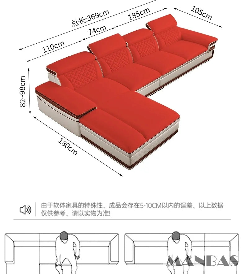 Linlamlim Premium Italian Genuine Leather Sofa Set for Living Room with Adjustable Headrests, Bluetooth Speaker, Wireless Charge