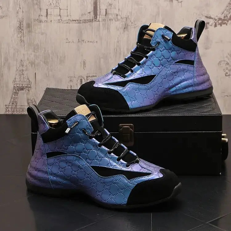 Men High Top Chunky Sneakers Fashion Casual Microfiber Leather Mesh Breathable Increased Internal Cover Bottom Platform Shoes