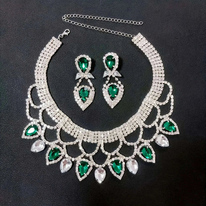 Fashionable ladies' exaggerated and exquisite handmade rhinestone necklace earring set, bride's dance dress jewelry accessories