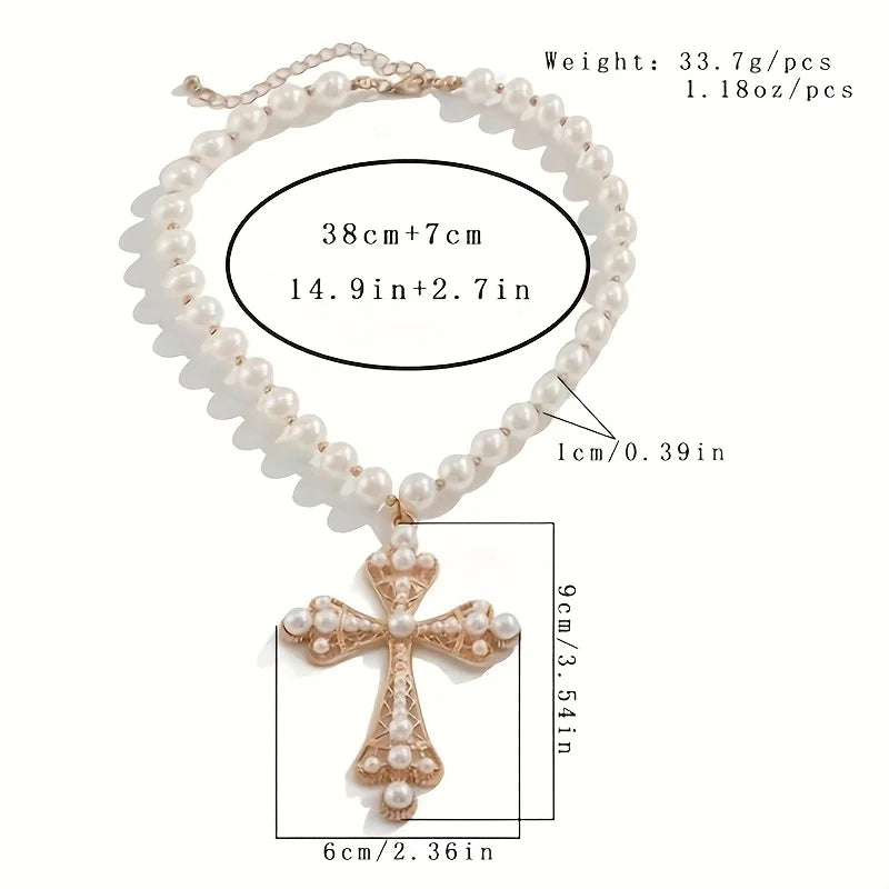 Exquisite and exaggerated punk necklace with a cross inspired pearl pendant, suitable for women's wedding parties