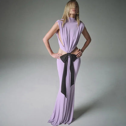 Sexy Elegant Backless Bow Lace Up Maxi Dress Women Sleeveless Hollow Out Party Evening Long Dresses White Purple Robes
