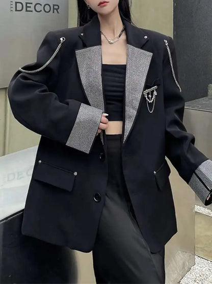 EAM Blazer rhinestone big size Metal Chain Women New Lapel Long Sleeve Loose Fit Jacket Fashion Tide Spring Autumn 2025 WQ20621