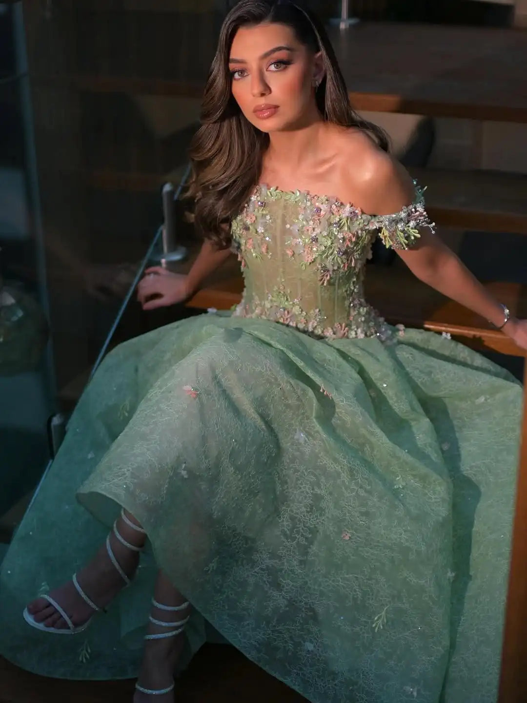 Ofherown Mint Green 3D Floral Embroidery Tulle Evening Dress Elegant A-Line Off-Shoulder Floor-Length Prom Dress Party Gowns