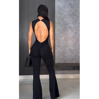 Sexy Women's Summer Mesh Hollow Out Jumpsuit Sleeveless Romper with Sheer Lace Panel High Waist Casual Wide Leg Pantsuit Outfit - Kimlud