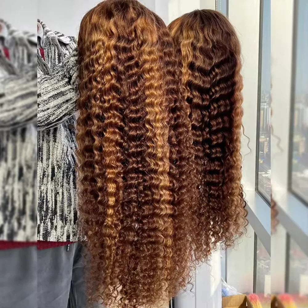 Highlight Wig Human Hair Ombre Deep Wave 13x6 HD Lace Frontal Wigs 4/27 Color Glueless Water Wave Curly Lace Front Wig 250 Density For Women ﻿