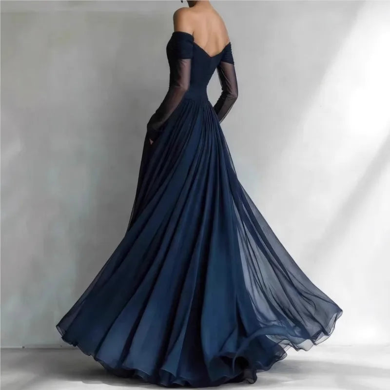 New Women's Sexy Strapless Net Silk Long Sleeved Party Dresses Spring Summer Fashion V Neck Elegant Ladies Formal Long...