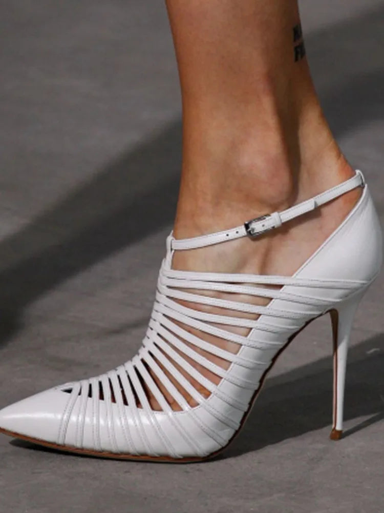New Fashion Pointed Toe Cutout Pumps Sandals Sexy Stiletto Buckle Strap White High Heels Party Wedding Women'S Shoes Gladiator - Kimlud