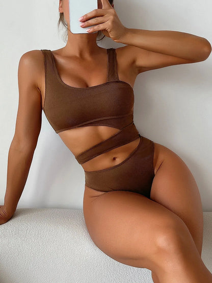 Sexy One Piece Swimsuit Women One Shoulder Hollow Out High Waist Bikini 2024 Summer Rib Backless Bathing Suit Swimwear Monokini