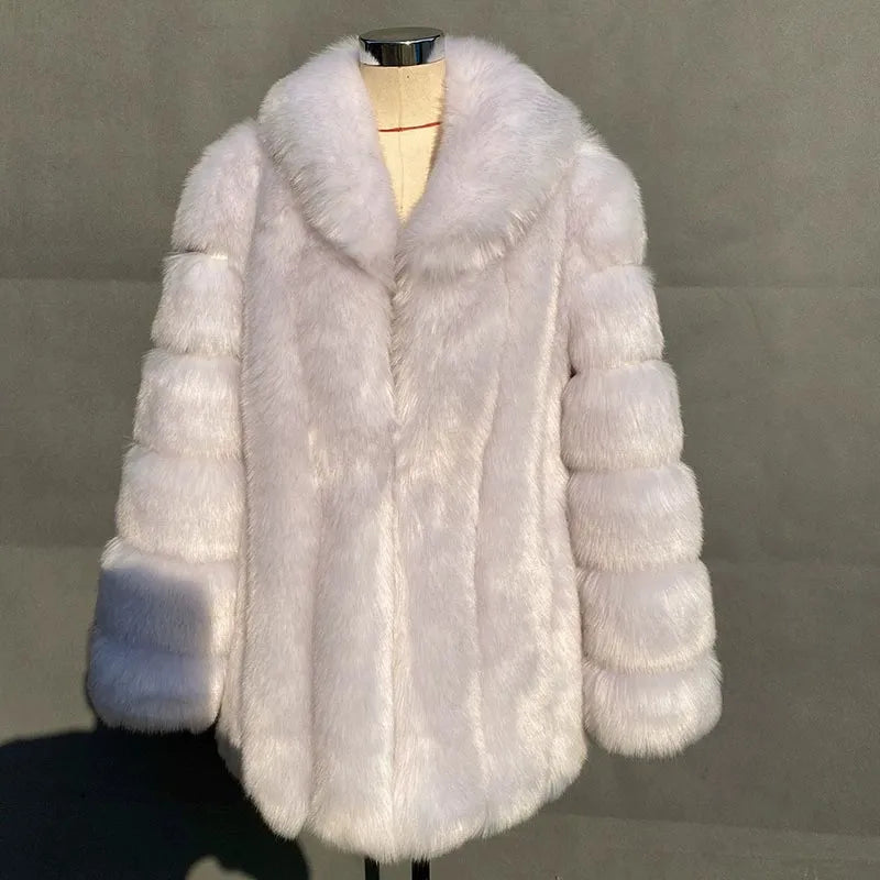 2025 Winter Women's Mid-Length Faux Fox Fur Coat Plush Luxe Warm faux fur Trench Elegant Thermal Outerwear Faux Fur Tops