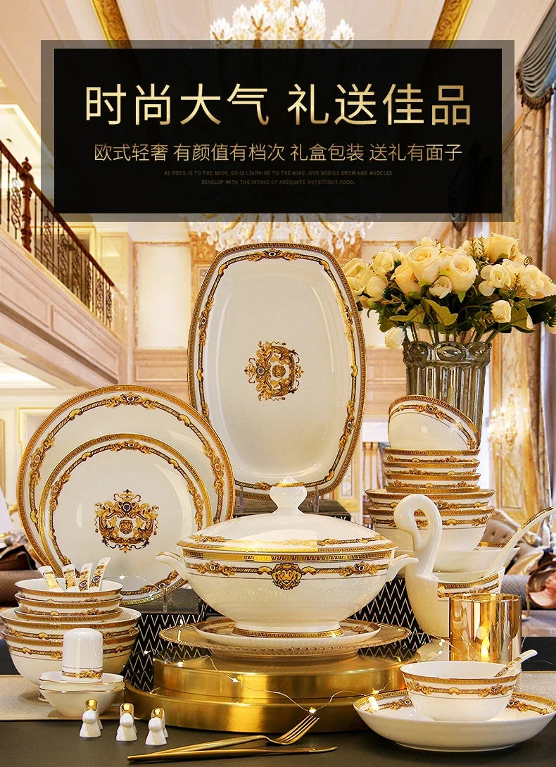 European Gold Luxury Tableware Designer Wedding Party Fine Bone China Dinnerware Sets Christmas Restaurant Vaisselle Dishes