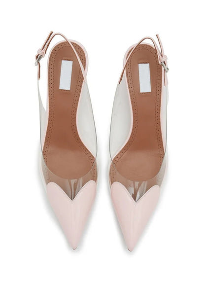 2025 New Pointy Peach Heart Fine Heel Shoes Sexy Pvc Transparent Film Black Patent Leather High Heel Overhead Sandals