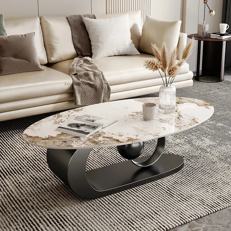 Italian Rock Plate Coffee Tables Living Room Luxury Oval Side Table Creative Wrought Iron Center Table Set Nordic Home...