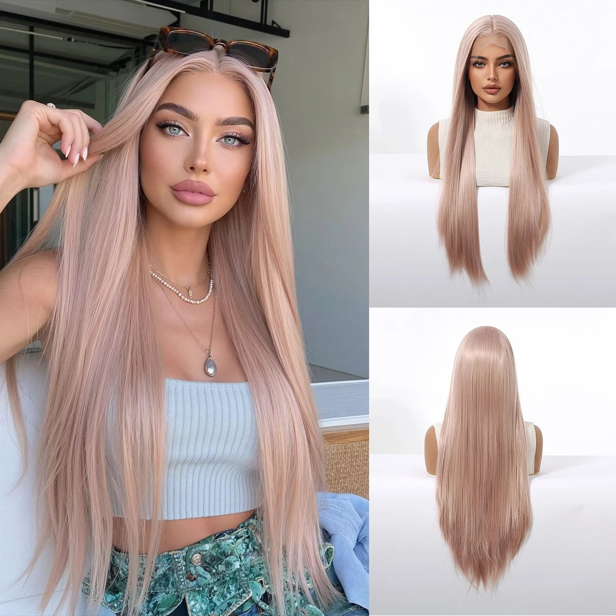 Long Straight Ash Pink 13x4 HD Lace Front Wig 30 Inch Glueless Synthetic Transparent Lace Frontal Wigs Pre Plucked...