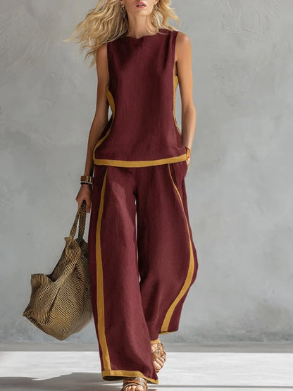 Women's 2-piece Set 2026 New Sleeveless Contrast Wide Leg Pants Suit Summer Casual Fashion Two-piece Trendy Style Women Clothing