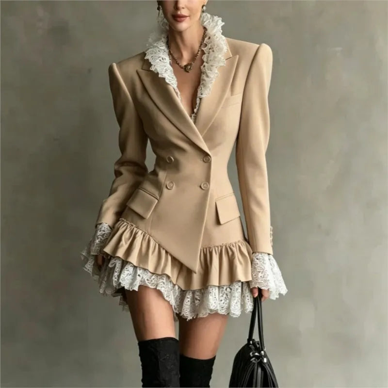 Autumn Lapel Double‑Breasted Lace Ruffle Mini Dresses Women Fashion Long Sleeve Short Dress Elegant Ladies Party...