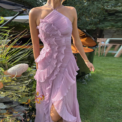 Ruffles Tiered Pleated Maxi Dress Women Summer Fashion A Line Backless Halter Sexy Dresses Gown Elegant Evening Long Party Dress