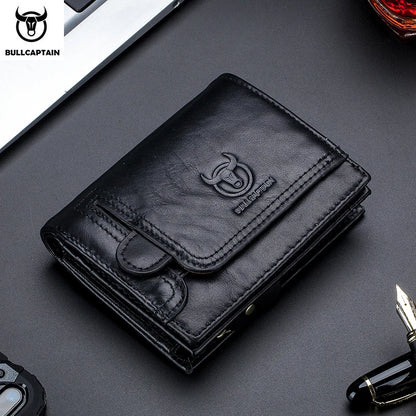 BULLCAPTAIN RFID Blocking Men's Wallet Man Vintage Cow Genuine Leather Wallet Male Handmade Billfold Coin Purse Short Wallet