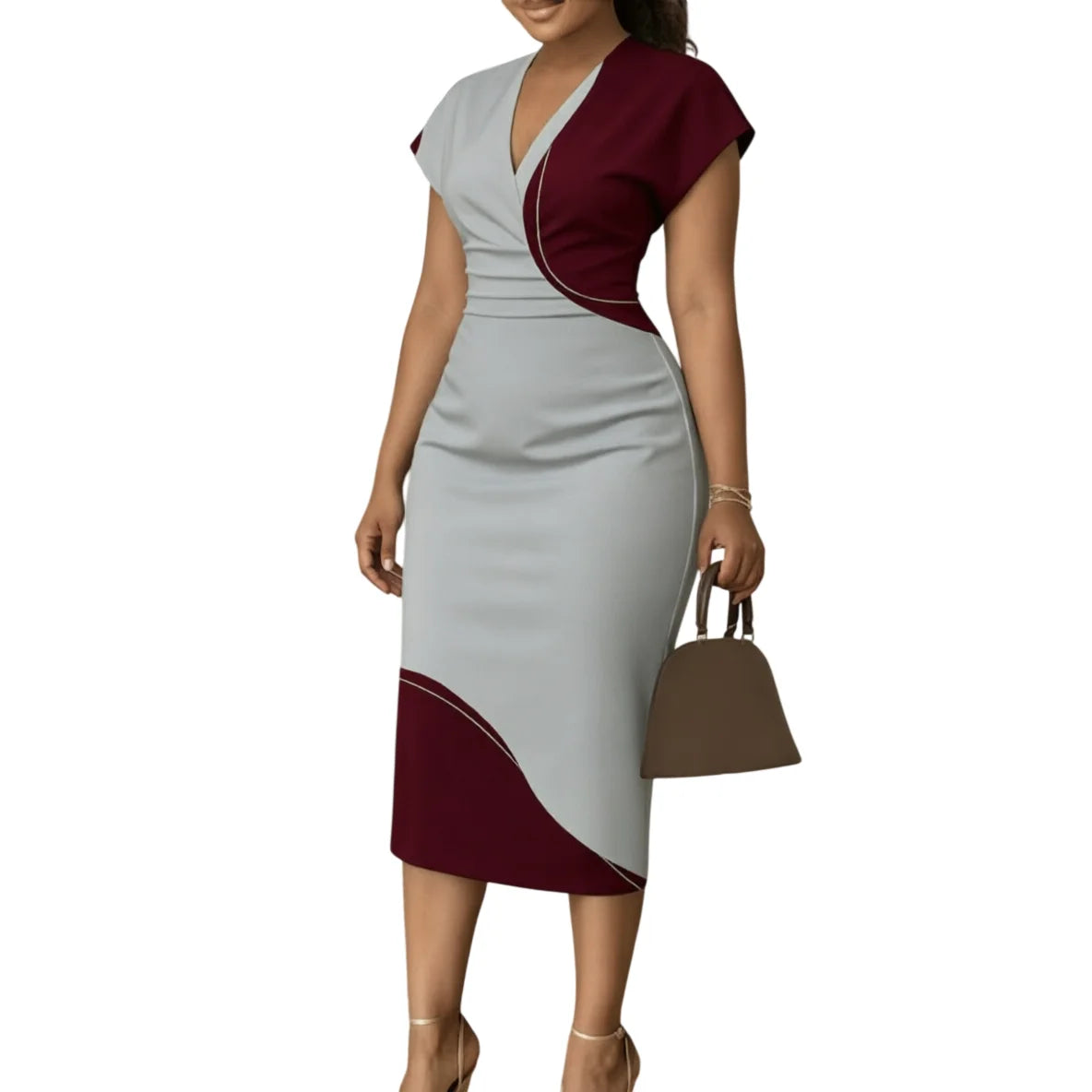 Colorblock Work Office Dress Women V Neck Cap Sleeve Ruched Waist Bodycon Midi Pencil Dress Elegant Casual Party Evening Dresses