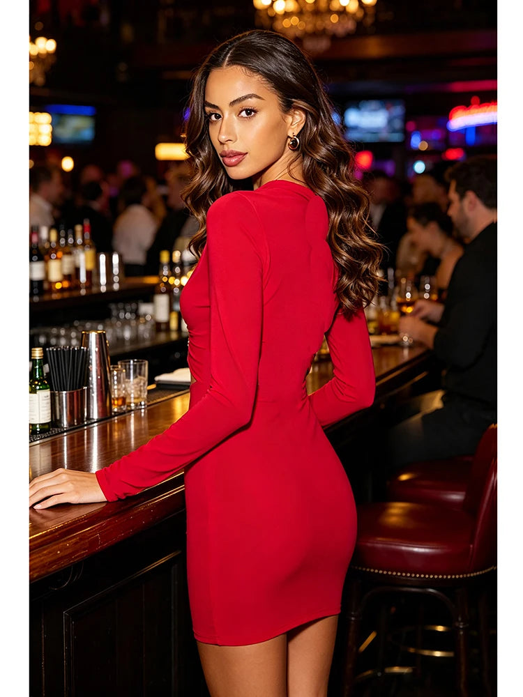 Sexy Long Sleeve O Neck Metal Buckle Ruched Mini Dress Women Red Cut Out Folds Bodycon Dresses Elegant Evening Party...