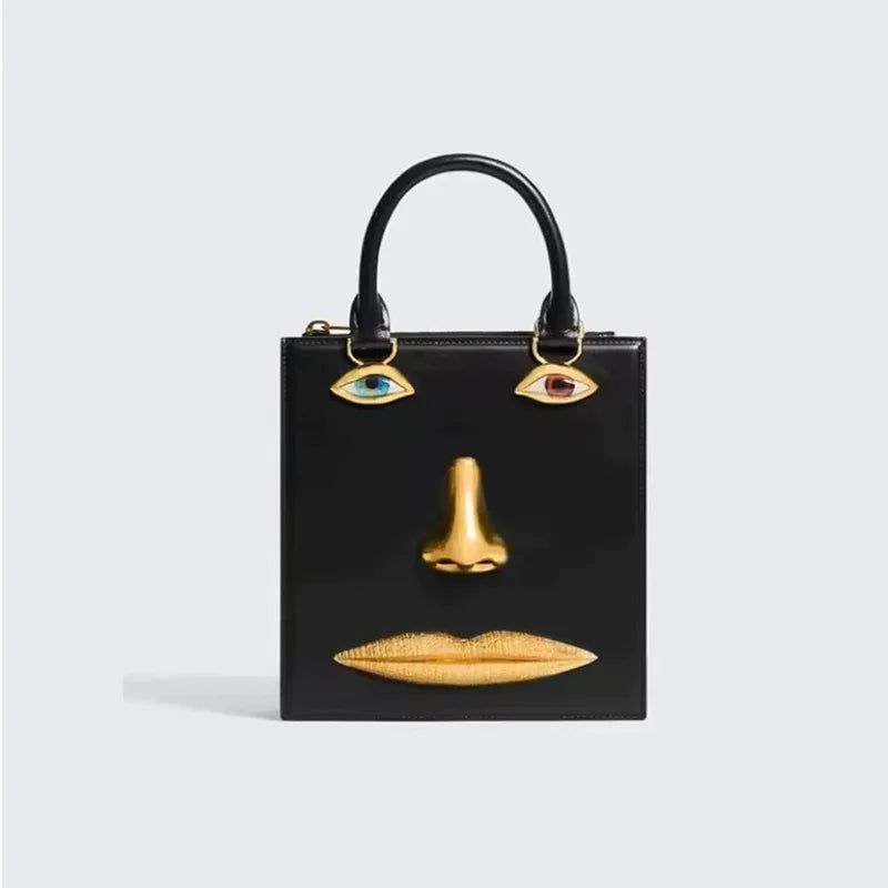 Face Bag Women High Quality Black Leather Luxury Brands Handbag Jewelry Eyes Gold-tone Metal Shoulder Strap Crossbody...