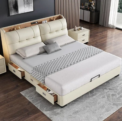 Pure White Nordic Style Oak Panel Queen Bed Frame Steel Frame Cama Modern Bed Queen Size Bed | Kimlud Luxury Bed