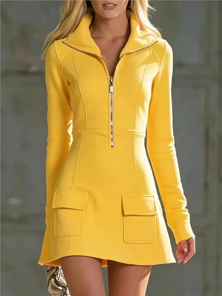 Women Half Zip Stand Collar Sweatshirt Mini Dress Autumn Winter Pink Long Sleeve Casual Slim Short Dresses Streetwear Outfits - Kimlud