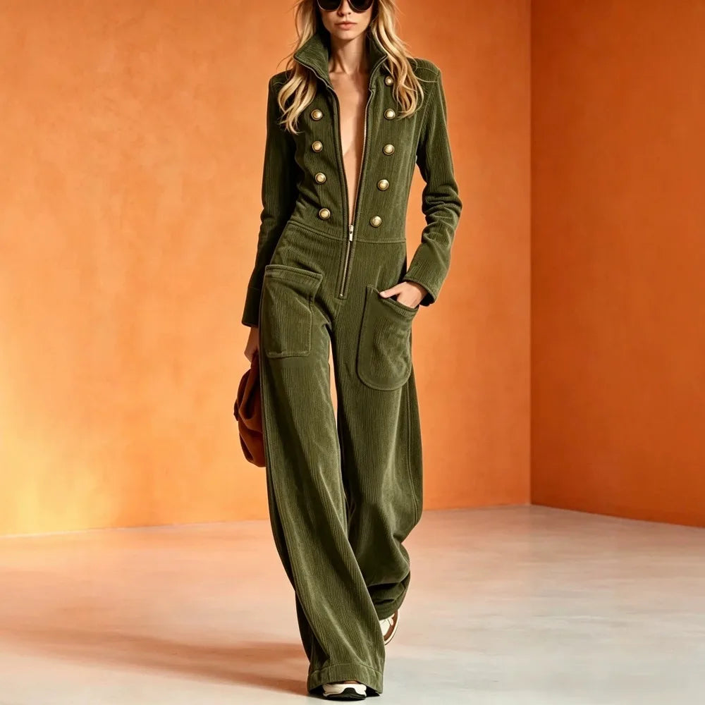 2026 Fall Winter Women Corduroy Stand Collar Front Zip Wide Leg Jumpsuit Mid Waist - Kimlud