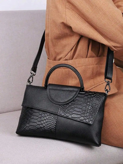 Black PU Croc-Texture Patchwork Clutch with Top Handle for Evening Events