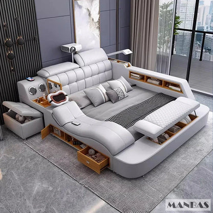 MINGDIBAO Luxury King Size Genuine Leather Bed / Tech Smart Bed / Multifunctional Ultimate Beds / Massage Bed with USB,Projecter