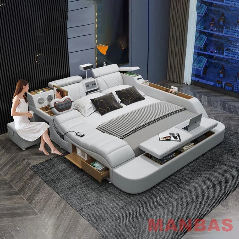 Modern Tech Smart Bed, King/Queen Size Genuine Leather Bed with Projector,USB, Speaker, Luxury Multifunction Bed, All In...
