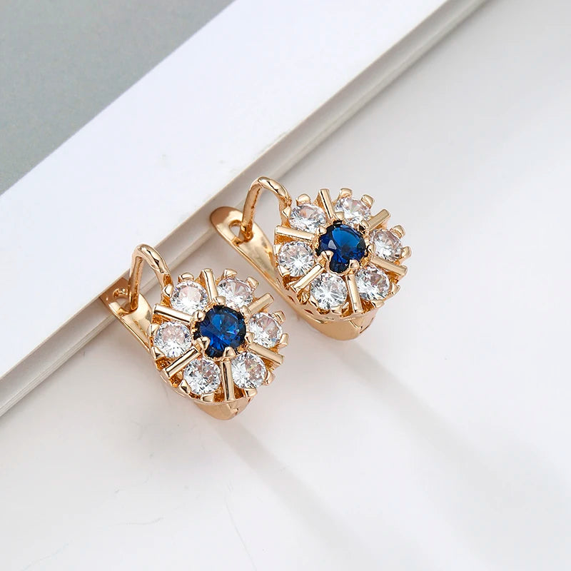 Fashion Blue Crystal White Zircon Flower Hoop Earrings for Women Vintage Gold Color Ear Buckle Wedding Jewelry...