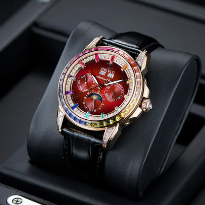 OBLVLO Men's Fashion Automatic Watch Colorful Zircon Moonphase Mechanical Multifunctional Black Leather Strap Timepiece...