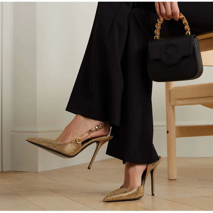Women Shoes Luxury Rhinestones Sequined Buckle High Heels Elegant Pointed Toe Slingbacks Stiletto Shoes for Women Fashion Shoes